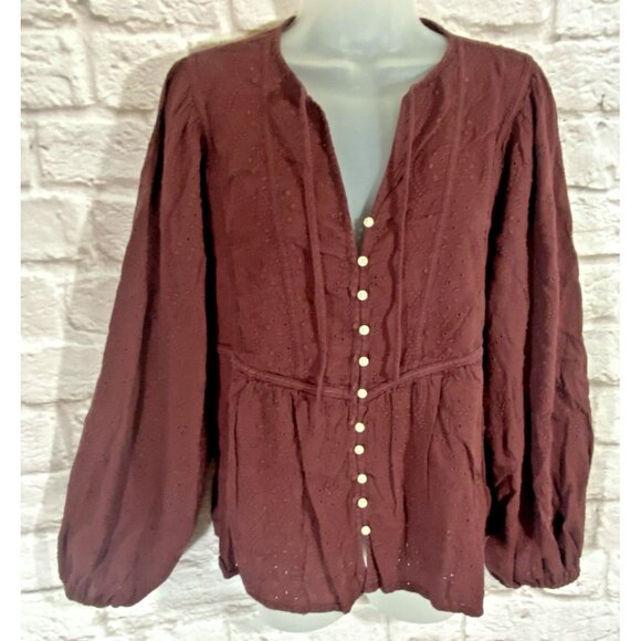OLD NAVY Women's Burgundy Eyelets Embroidered Button Casual Boho Peasant Top M - Picture 1 of 10